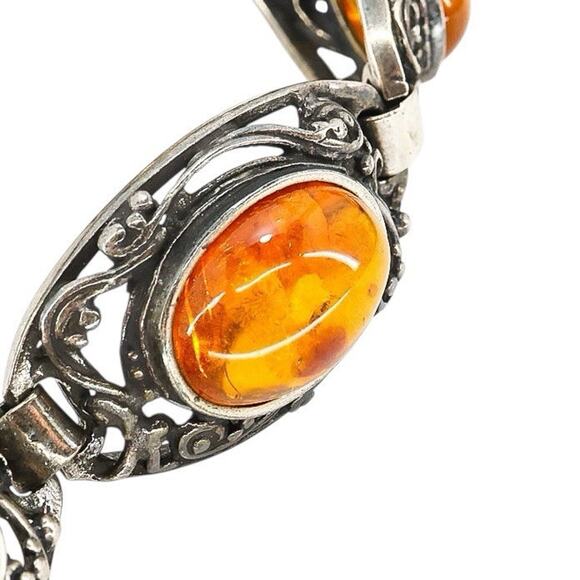 Sterling Silver Filigree Bracelet Baltic Amber Cabs Eastern European 7.5 In Read - Picture 11 of 14